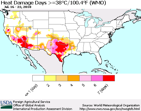 United States Heat Damage Days >=38°C/100°F (WMO) Thematic Map For 7/16/2018 - 7/22/2018