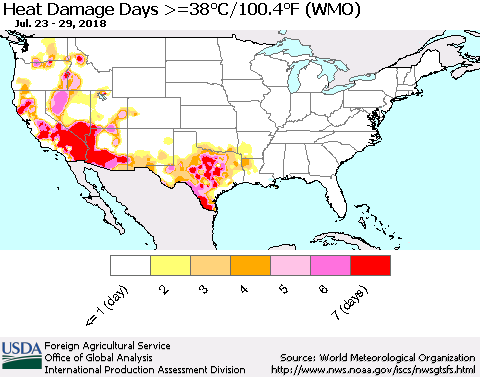 United States Heat Damage Days >=38°C/100°F (WMO) Thematic Map For 7/23/2018 - 7/29/2018