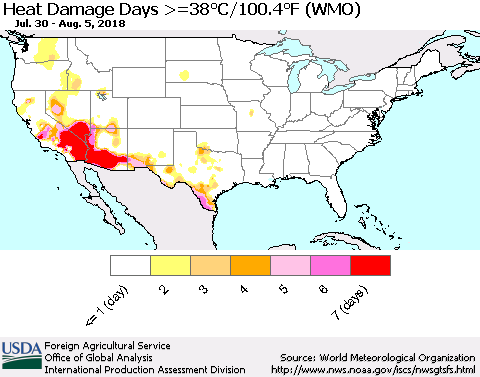 United States Heat Damage Days >=38°C/100°F (WMO) Thematic Map For 7/30/2018 - 8/5/2018