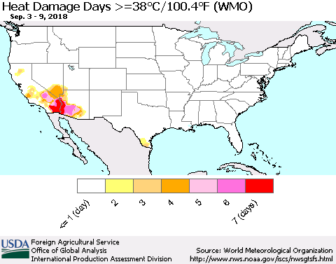 United States Heat Damage Days >=38°C/100°F (WMO) Thematic Map For 9/3/2018 - 9/9/2018