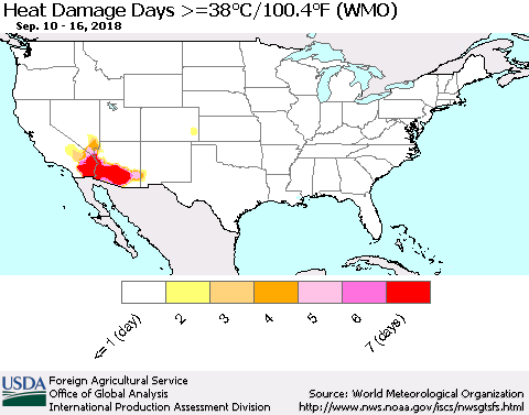 United States Heat Damage Days >=38°C/100°F (WMO) Thematic Map For 9/10/2018 - 9/16/2018