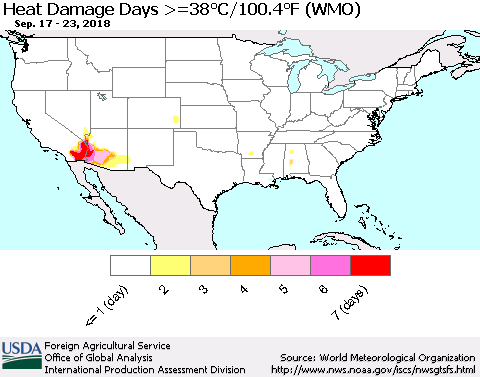 United States Heat Damage Days >=38°C/100°F (WMO) Thematic Map For 9/17/2018 - 9/23/2018