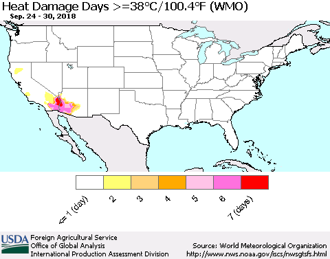 United States Heat Damage Days >=38°C/100°F (WMO) Thematic Map For 9/24/2018 - 9/30/2018