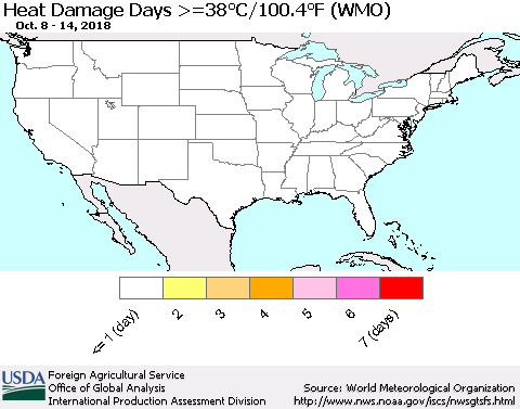United States Heat Damage Days >=38°C/100°F (WMO) Thematic Map For 10/8/2018 - 10/14/2018