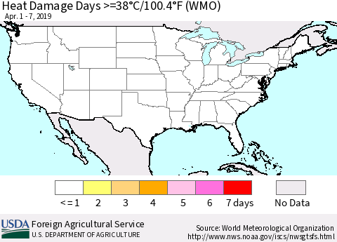 United States Heat Damage Days >=38°C/100°F (WMO) Thematic Map For 4/1/2019 - 4/7/2019