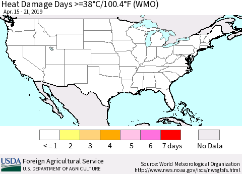 United States Heat Damage Days >=38°C/100°F (WMO) Thematic Map For 4/15/2019 - 4/21/2019