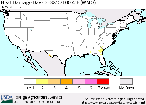United States Heat Damage Days >=38°C/100°F (WMO) Thematic Map For 5/20/2019 - 5/26/2019