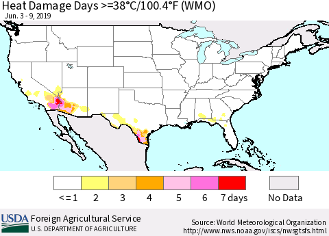 United States Heat Damage Days >=38°C/100°F (WMO) Thematic Map For 6/3/2019 - 6/9/2019