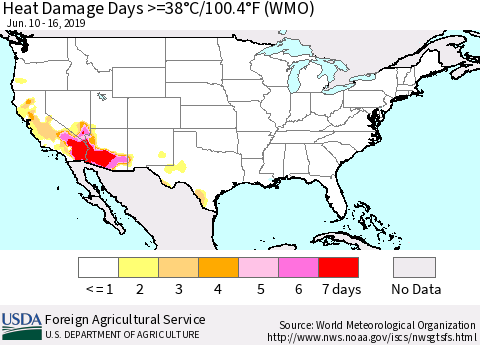 United States Heat Damage Days >=38°C/100°F (WMO) Thematic Map For 6/10/2019 - 6/16/2019