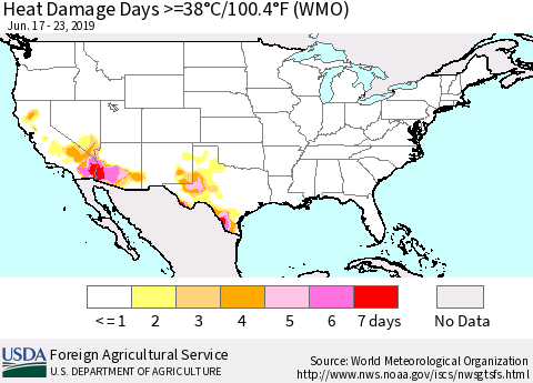United States Heat Damage Days >=38°C/100°F (WMO) Thematic Map For 6/17/2019 - 6/23/2019