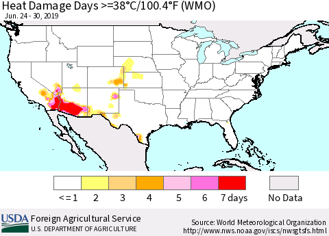 United States Heat Damage Days >=38°C/100°F (WMO) Thematic Map For 6/24/2019 - 6/30/2019