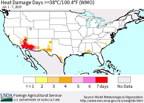 United States Heat Damage Days >=38°C/100°F (WMO) Thematic Map For 7/1/2019 - 7/7/2019