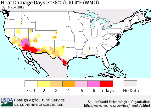 United States Heat Damage Days >=38°C/100°F (WMO) Thematic Map For 7/8/2019 - 7/14/2019