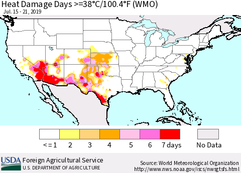 United States Heat Damage Days >=38°C/100°F (WMO) Thematic Map For 7/15/2019 - 7/21/2019
