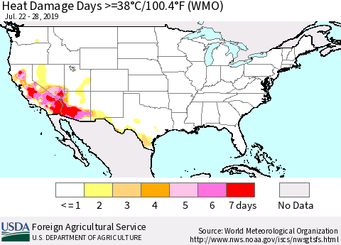 United States Heat Damage Days >=38°C/100°F (WMO) Thematic Map For 7/22/2019 - 7/28/2019