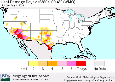 United States Heat Damage Days >=38°C/100°F (WMO) Thematic Map For 7/29/2019 - 8/4/2019