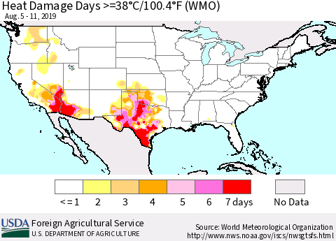 United States Heat Damage Days >=38°C/100°F (WMO) Thematic Map For 8/5/2019 - 8/11/2019