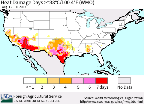 United States Heat Damage Days >=38°C/100°F (WMO) Thematic Map For 8/12/2019 - 8/18/2019