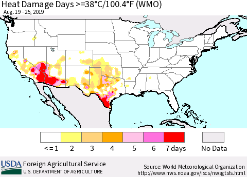 United States Heat Damage Days >=38°C/100°F (WMO) Thematic Map For 8/19/2019 - 8/25/2019