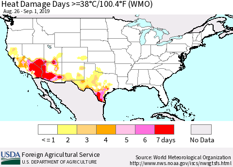 United States Heat Damage Days >=38°C/100°F (WMO) Thematic Map For 8/26/2019 - 9/1/2019