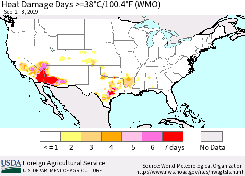 United States Heat Damage Days >=38°C/100.4°F (WMO) Thematic Map For 9/2/2019 - 9/8/2019