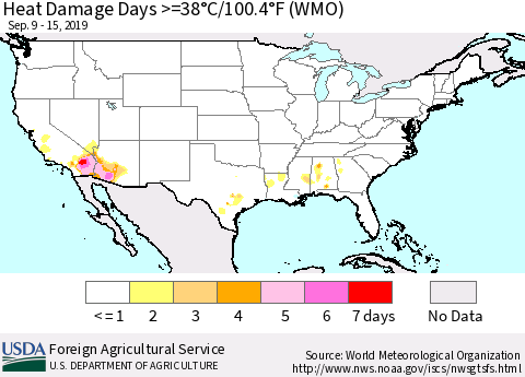 United States Heat Damage Days >=38°C/100°F (WMO) Thematic Map For 9/9/2019 - 9/15/2019