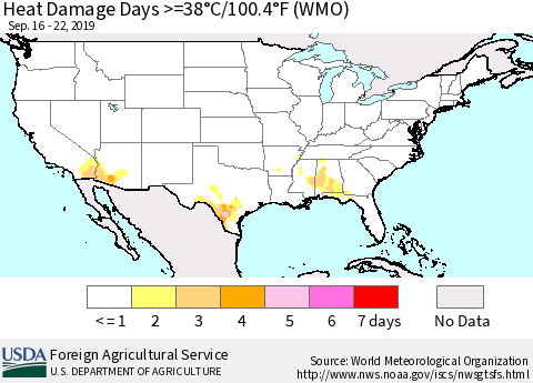 United States Heat Damage Days >=38°C/100°F (WMO) Thematic Map For 9/16/2019 - 9/22/2019