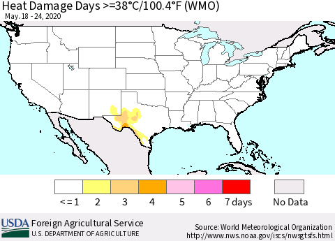United States Heat Damage Days >=38°C/100.4°F (WMO) Thematic Map For 5/18/2020 - 5/24/2020