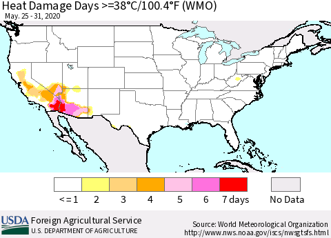 United States Heat Damage Days >=38°C/100°F (WMO) Thematic Map For 5/25/2020 - 5/31/2020