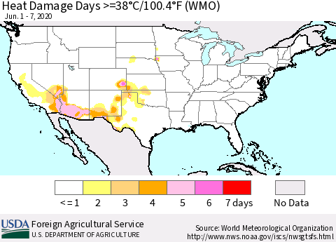United States Heat Damage Days >=38°C/100°F (WMO) Thematic Map For 6/1/2020 - 6/7/2020
