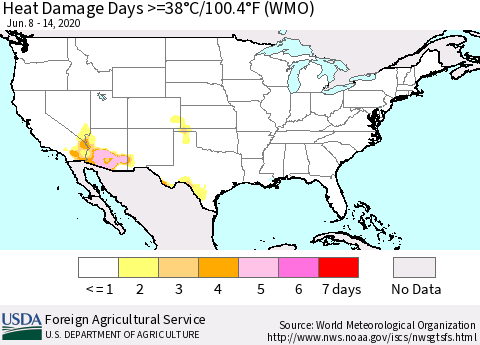 United States Heat Damage Days >=38°C/100°F (WMO) Thematic Map For 6/8/2020 - 6/14/2020