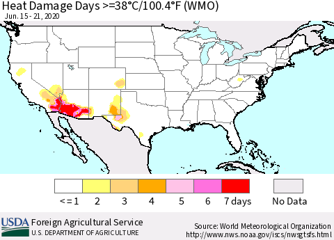 United States Heat Damage Days >=38°C/100.4°F (WMO) Thematic Map For 6/15/2020 - 6/21/2020