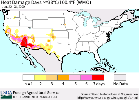 United States Heat Damage Days >=38°C/100.4°F (WMO) Thematic Map For 6/22/2020 - 6/28/2020