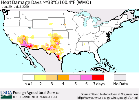 United States Heat Damage Days >=38°C/100.4°F (WMO) Thematic Map For 6/29/2020 - 7/5/2020