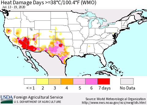 United States Heat Damage Days >=38°C/100°F (WMO) Thematic Map For 7/13/2020 - 7/19/2020