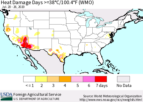 United States Heat Damage Days >=38°C/100°F (WMO) Thematic Map For 7/20/2020 - 7/26/2020