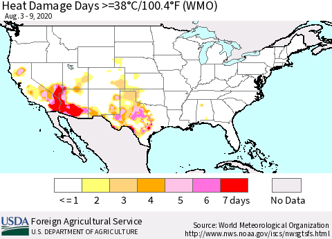 United States Heat Damage Days >=38°C/100°F (WMO) Thematic Map For 8/3/2020 - 8/9/2020