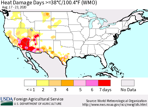 United States Heat Damage Days >=38°C/100°F (WMO) Thematic Map For 8/17/2020 - 8/23/2020