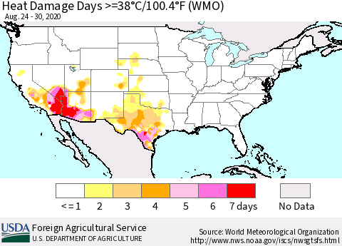 United States Heat Damage Days >=38°C/100.4°F (WMO) Thematic Map For 8/24/2020 - 8/30/2020