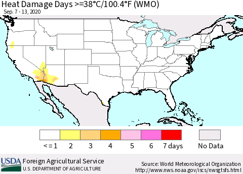 United States Heat Damage Days >=38°C/100.4°F (WMO) Thematic Map For 9/7/2020 - 9/13/2020