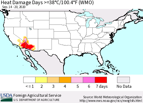 United States Heat Damage Days >=38°C/100°F (WMO) Thematic Map For 9/14/2020 - 9/20/2020