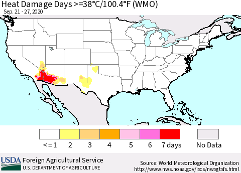 United States Heat Damage Days >=38°C/100°F (WMO) Thematic Map For 9/21/2020 - 9/27/2020