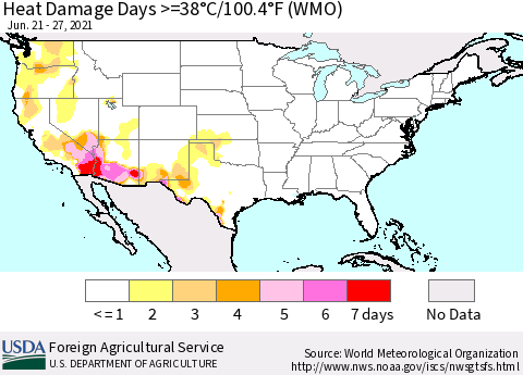 United States Heat Damage Days >=38°C/100°F (WMO) Thematic Map For 6/21/2021 - 6/27/2021