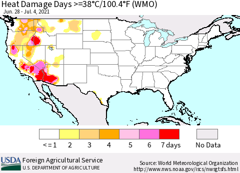 United States Heat Damage Days >=38°C/100°F (WMO) Thematic Map For 6/28/2021 - 7/4/2021