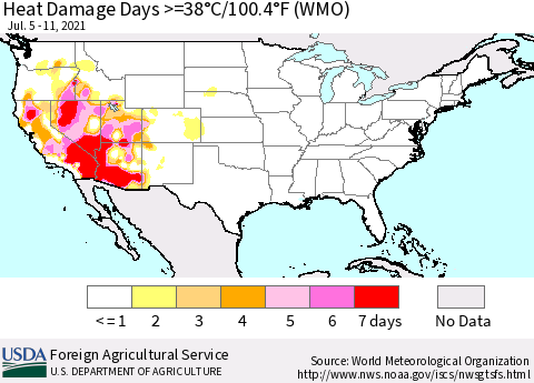United States Heat Damage Days >=38°C/100°F (WMO) Thematic Map For 7/5/2021 - 7/11/2021