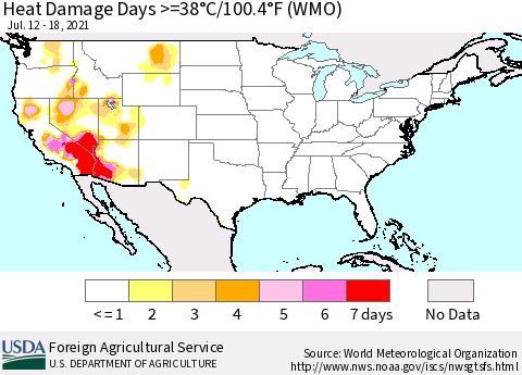 United States Heat Damage Days >=38°C/100°F (WMO) Thematic Map For 7/12/2021 - 7/18/2021