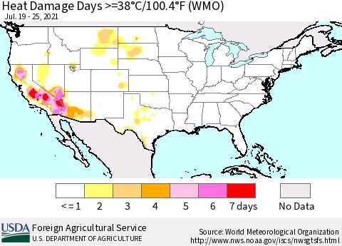 United States Heat Damage Days >=38°C/100°F (WMO) Thematic Map For 7/19/2021 - 7/25/2021