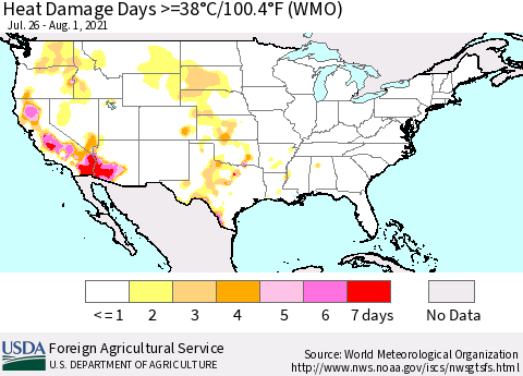 United States Heat Damage Days >=38°C/100°F (WMO) Thematic Map For 7/26/2021 - 8/1/2021