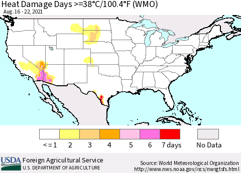 United States Heat Damage Days >=38°C/100°F (WMO) Thematic Map For 8/16/2021 - 8/22/2021