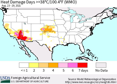 United States Heat Damage Days >=38°C/100.4°F (WMO) Thematic Map For 8/23/2021 - 8/29/2021